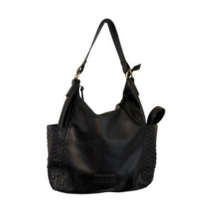 Wrangler Black Faux Leather Shoulder Bag Purse Large Woven Sides Pockets Zip Top